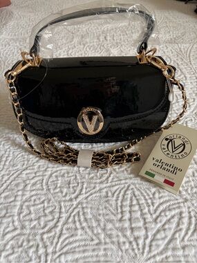 NWT Valentino Orlandi Black Patent Vegan Leather Chain Shoulder/ Top Handle Bag